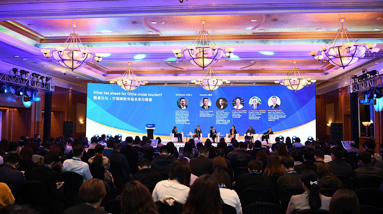 It was a full house for the panel 'What lies ahead for the China cruise industry?' at the Four Seasons hotel in Shanghai, site of Travel Weekly China's CruiseWorld conference in late March. Travel Weekly editor in chief Arnie Weissmann, far left, moderated the panel and was joined onstage by, from left, Roger Chen, Carnival Corp.; Li Han, UTour Group; Helen Huang, MSC Cruises; Zinan Liu, Royal Caribbean International; and Simon Zhang, Genting Cruise Lines.