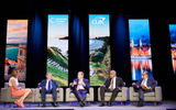 Lucy Hockings of BBC World News moderated the State of the Industry panel, with CEOs from left: Pierfrancesco Vago of MSC Cruises, Richard Fain of Royal Caribbean Cruises Ltd., Arnold Donald of Carnival Corp. and Frank Del Rio of Norwegian Cruise Line Holdings Ltd.