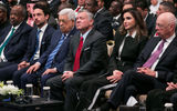 President Muhammadu Buhari of Nigeria, President Ismail Omar Guelleh of Djibouti, Crown Prince Hussein bin Abdullah of Jordan, President Mahmoud Abbas of the Palestinian Authority, King Abdullah II of Jordan, Queen Rania of Jordan and Klaus Schwab, executive chairman of the World Economic Forum, listen to presentations about tourism in Jordan at a regional WEF conference on the Middle East and Africa in early April 2019.