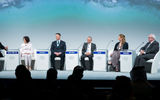 From left: Arnie Weissmann, editor in chief of Travel Weekly discusses tourism best practices in Jordan with Princess Rym Ali, a commissioner on Jordan's Royal Film Commission; Shannon Stowell, CEO, the Adventure Travel Trade Association; Rustom Mkhjian, Acting Director-General, Baptism Site Commission; Anni Hood, CEO, Well Intelligence; and Nadim Muasher, chairman, Arab International Hotels Co.