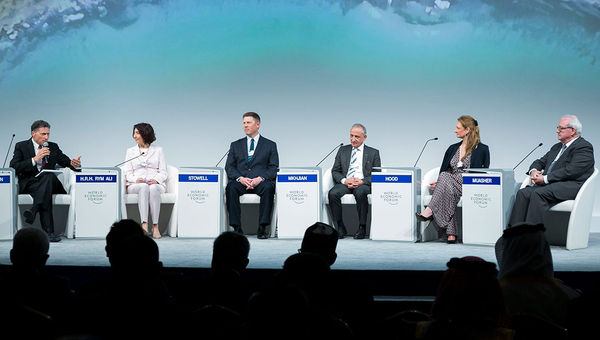 From left: Arnie Weissmann, editor in chief of Travel Weekly discusses tourism best practices in Jordan with Princess Rym Ali, a commissioner on Jordan’s Royal Film Commission; Shannon Stowell, CEO, the Adventure Travel Trade Association; Rustom Mkhjian, Acting Director-General, Baptism Site Commission; Anni Hood, CEO, Well Intelligence; and Nadim Muasher, chairman, Arab International Hotels Co.