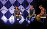 A high point of the Forum session at this year's Mountain Travel Symposium in Whistler was a conversation between two freestyle skiing pioneers: Olympic gold medalist Jonny Moseley, known for popularizing snowboarding-style tricks to the sport of skiing, and Mike Douglas, who introduced twin-tip skis to the sport. At right is Forum emcee Ryan Van Duzer.