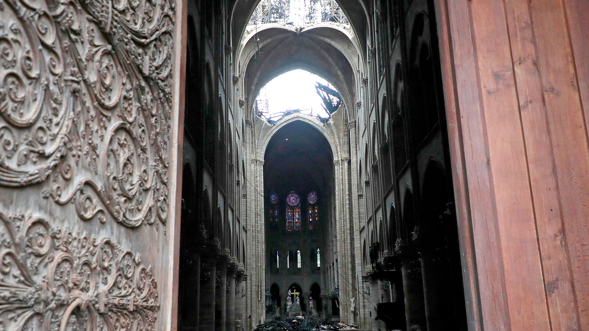 The severely fire-damaged Notre Dame Cathedral.