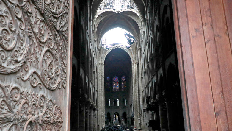 The severely fire-damaged Notre Dame Cathedral.
