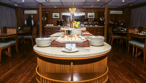 The dining room onboard the Bengal Ganga, where Indian and Bangladeshi meals were served three times a day. The dining room onboard the Bengal Ganga, where Indian and Bangladeshi meals were served three times a day.