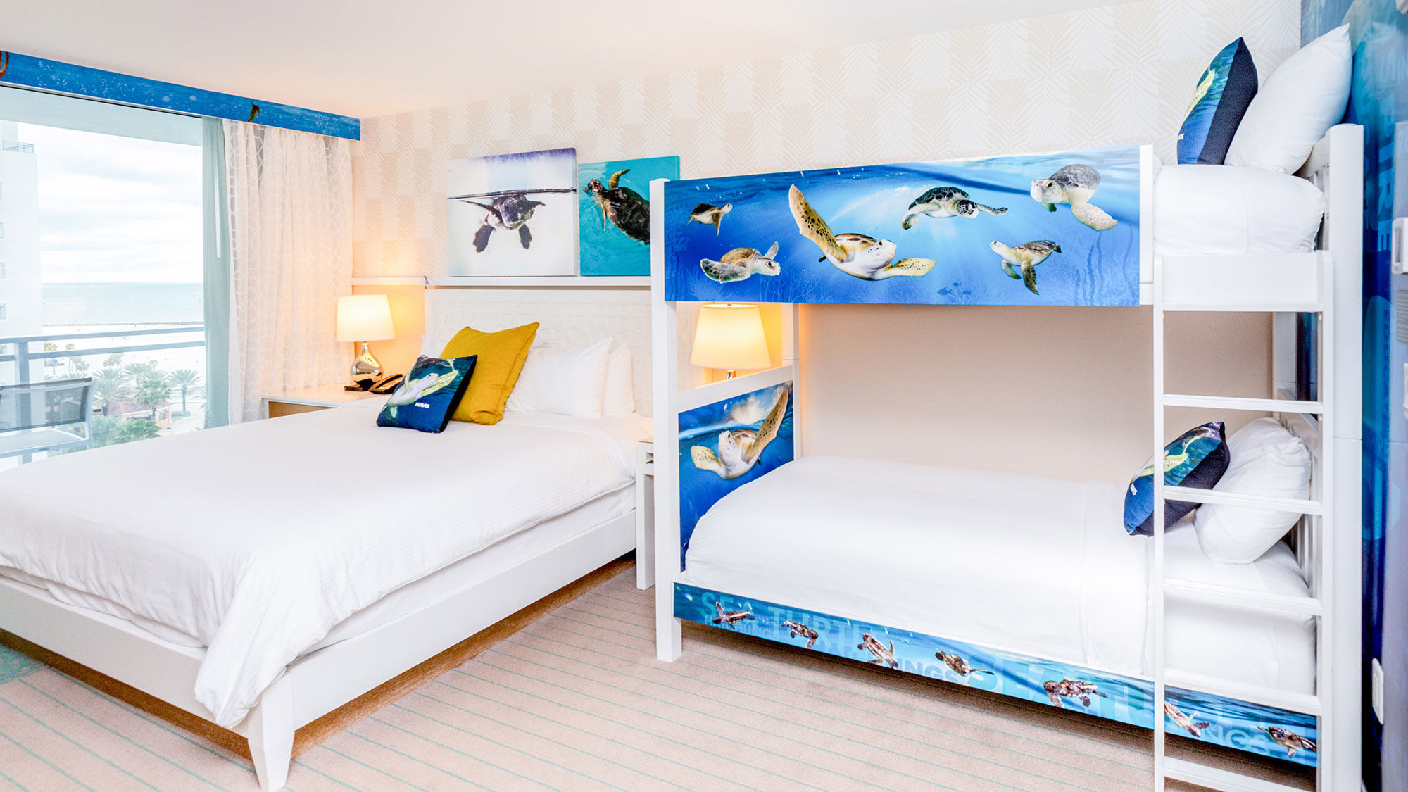 The new sea turtle-themed guestrooms at the Wyndham Grand Clearwater Beach were created in partnership with the Clearwater Marine Aquarium.