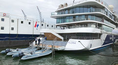 A view of the aft of the new Celebrity Flora which is being finished at the De Hoop shipyard in Rotterdam. The 100-passenger ship is about two weeks away from completion.