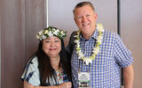 Christina Aldanese of Hawaii Tourism USA and Adam Martindale of Cruise Planners pose for a photo at GTM West's Hawaiian Islands Aloha Breakfast.