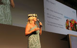 Robyn Basso of Hawaii Tourism USA educates the audience during the Hawaiian Islands Aloha Breakfast at GTM West.