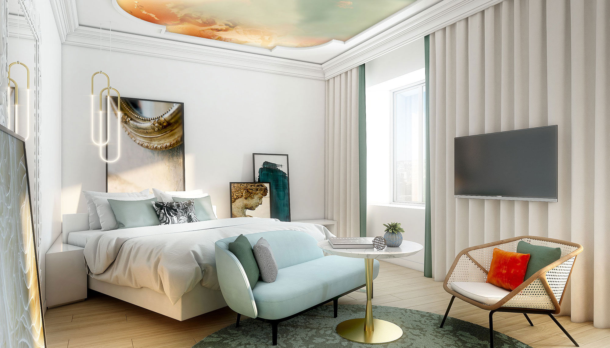 An updated guestroom at the Sofitel Rome Villa Borghese.