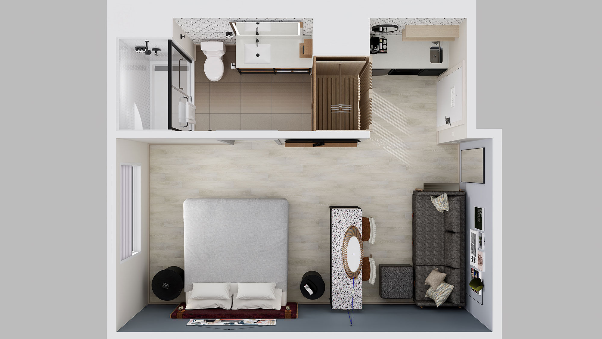 Atwell's studio suites will have distinct zones but no separate bedroom.