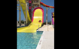 The Sling Shot is a waterslide at Royal Caribbean International's Perfect Day at CocoCay. Two or more riders in a raft descend through a tube, then down a steep incline that gives the raft momentum to slide up a near-vertical wall, before backsliding down into a pool.