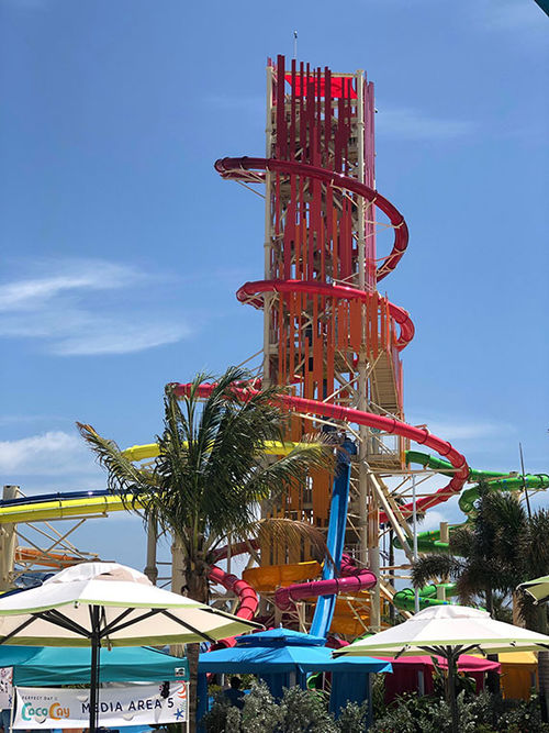 The Daredevil's Tower, encircled by the Daredevil’s Peak waterslide. The Daredevil's Tower, encircled by the Daredevil’s Peak waterslide.