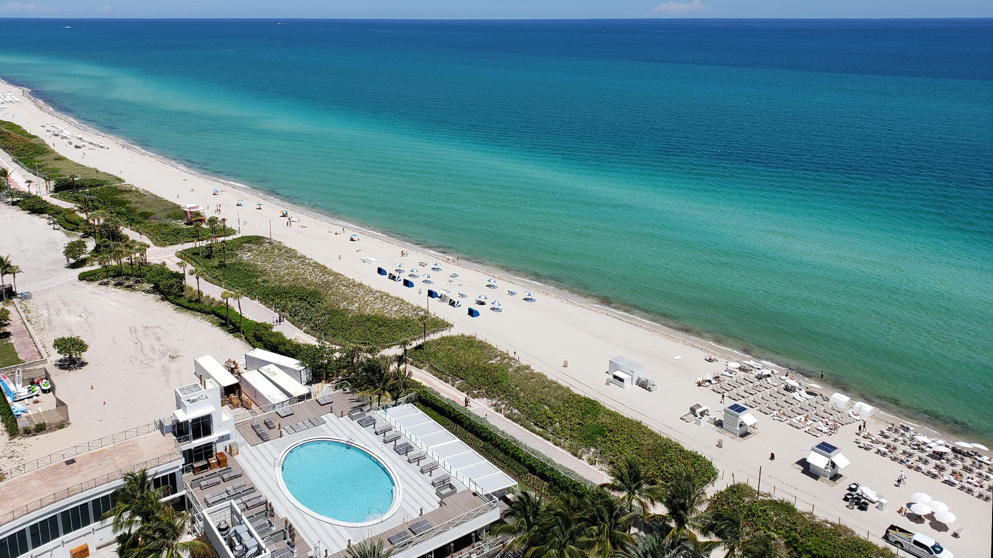 View of the Atlantic Ocean, beachfront and one of the hotel's pools from the 22nd floor of the Eden Roc Miami Beach.