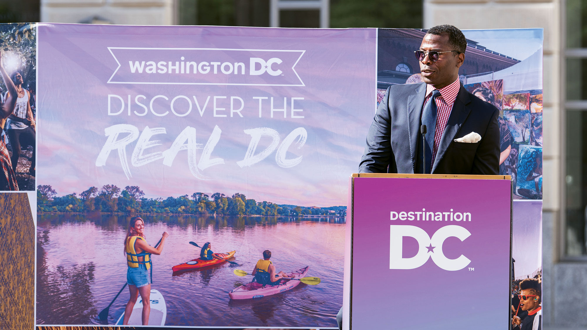Destination DC CEO Elliott Ferguson speaking at the organization's Travel Rally in Washington on May 7.