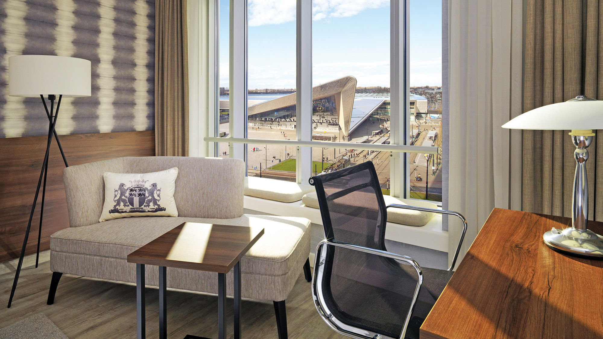 A guestroom at the Rotterdam Marriott, which is across from the city’s rail station.
