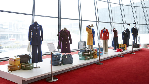 A collection of vintage TWA crew uniforms on display at the TWA Hotel. A collection of vintage TWA crew uniforms on display at the TWA Hotel.