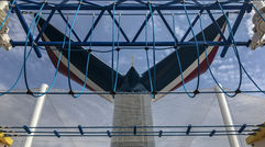 The distinctive Carnival Cruise Line funnel on the Carnival Sunrise, the former Triumph, as seen from below its new ropes course. The ship underwent a nearly $200 million makeover that added multiple dining and entertainment options to the ship -- and changed its name.