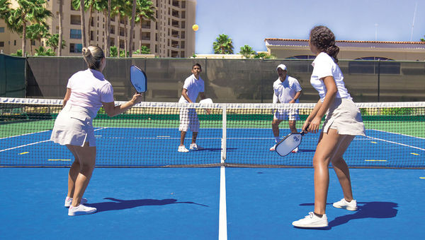 Pickleball players on one of the new courts at the Velas Vallarta resort in Puerto Vallarta, Mexico.