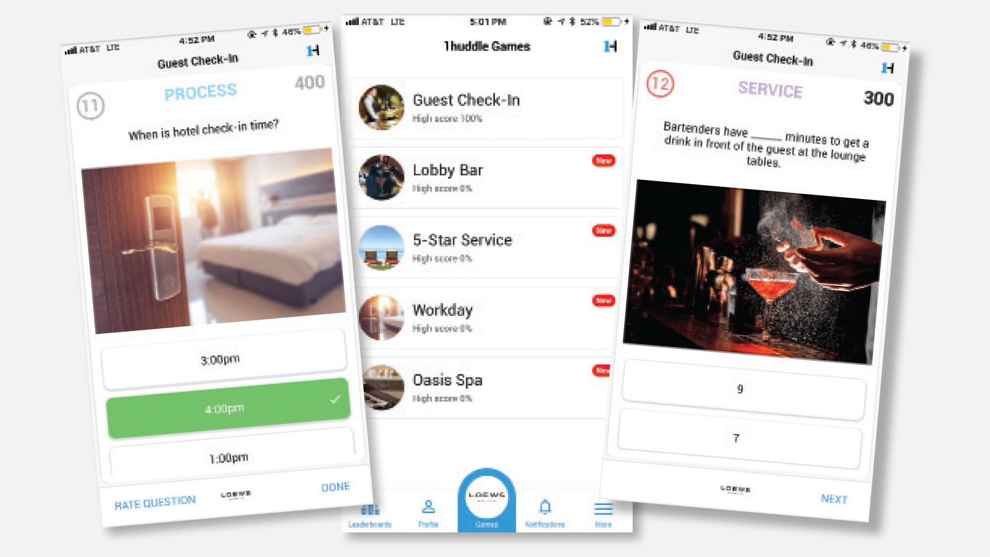 Screenshots from the short-burst training platform 1Huddle developed for Loews Hotels.