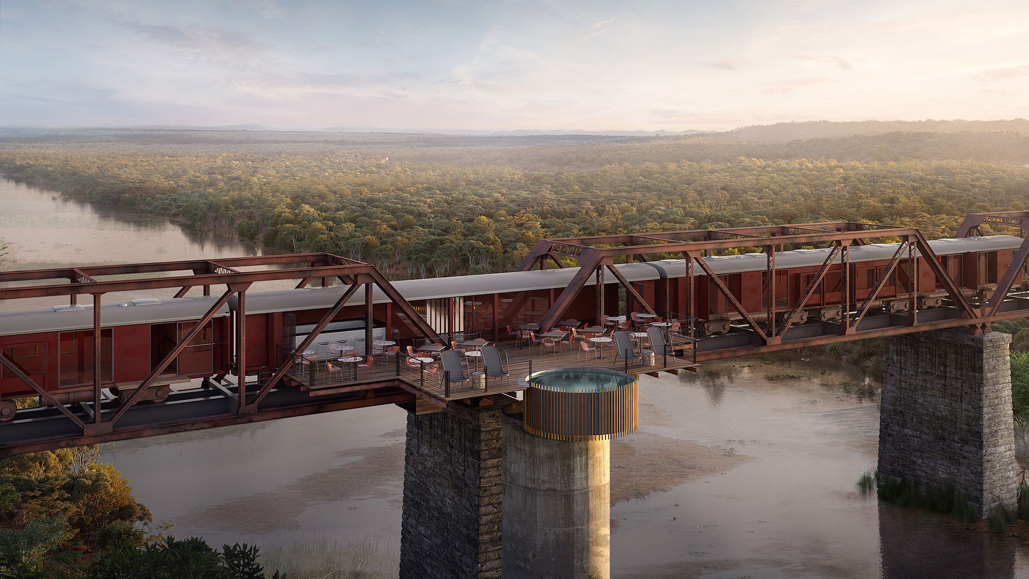 A rendering of the pool deck at the Kruger Shalati Train on a Bridge. The hotel is scheduled to debut in December.