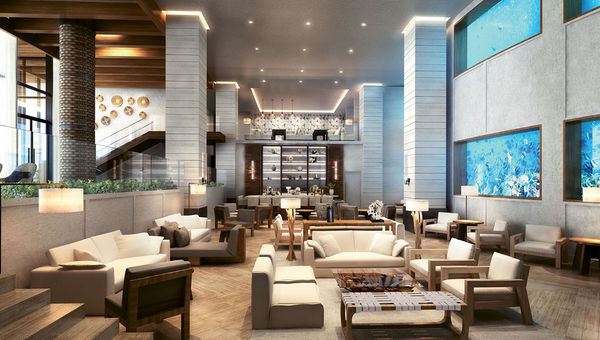 The 280,000-gallon Oceanarium saltwater aquarium is the centerpiece of the resort’s ground floor. The 280,000-gallon Oceanarium saltwater aquarium is the centerpiece of the resort’s ground floor.