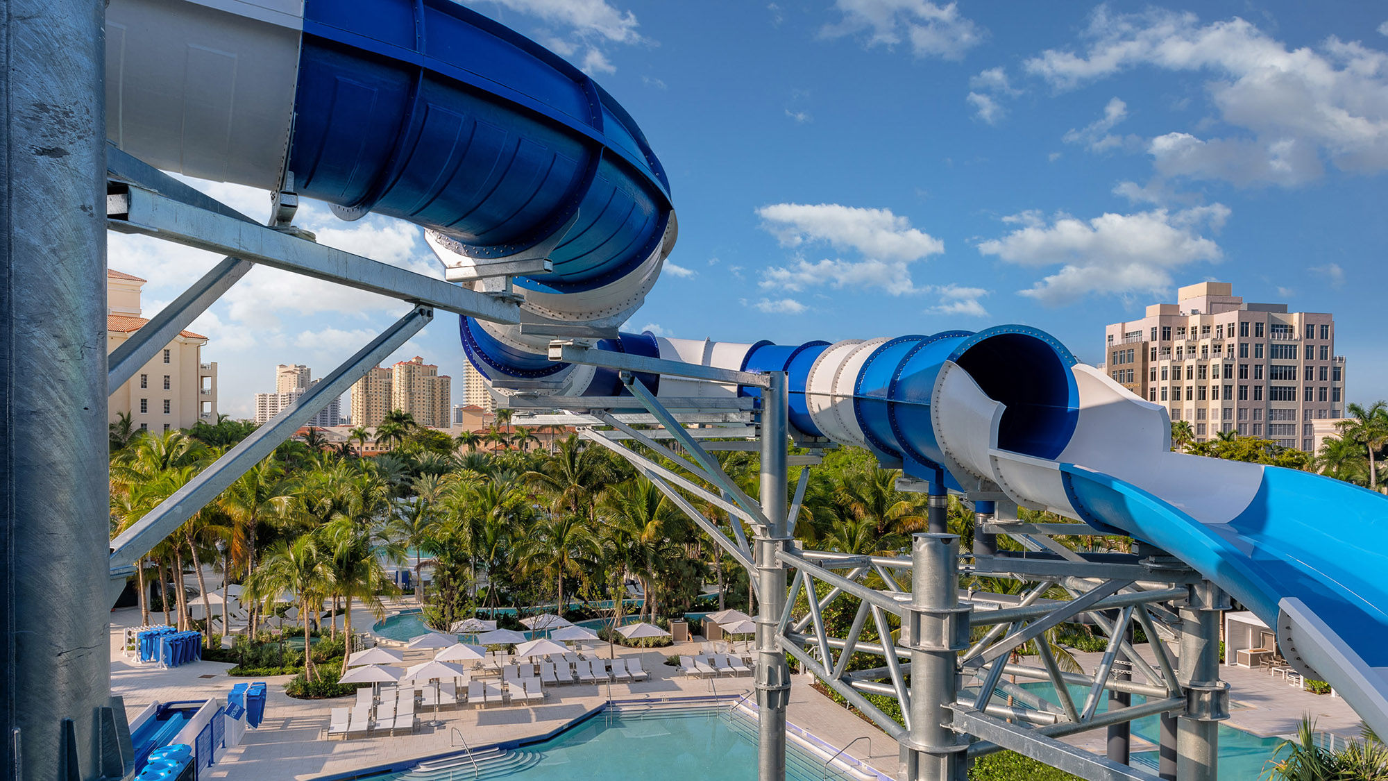 A waterslide and relaxation pools at Tidal Cove at the JW Marriott Turnberry Miami Resort & Spa in Aventura.