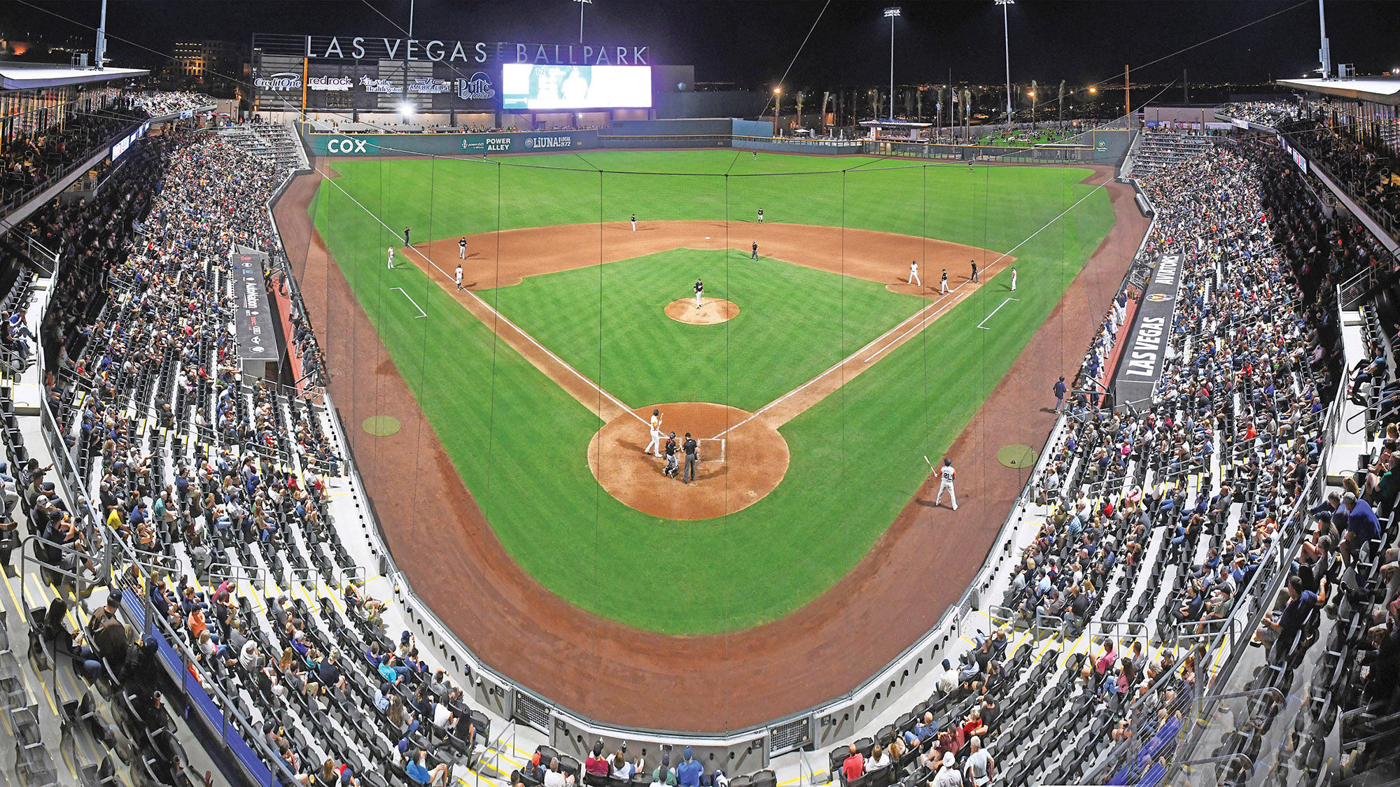 Las Vegas Ballpark is the new home of the Las Vegas Aviators, the city’s Pacific Coast League baseball team affiliated with the Oakland Athletics. The $150 million stadium features the largest scoreboard in the minor leagues.