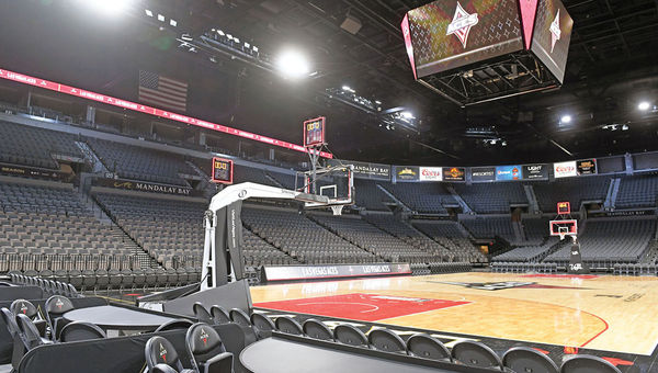 Courtside at the Mandalay Bay Events Center, home of the WNBA’s Las Vegas Aces. Courtside at the Mandalay Bay Events Center, home of the WNBA’s Las Vegas Aces.