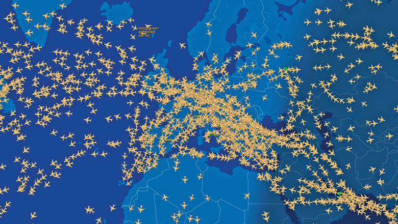A FlightAware graphic shows the density of air traffic over Europe on the evening of June 11.