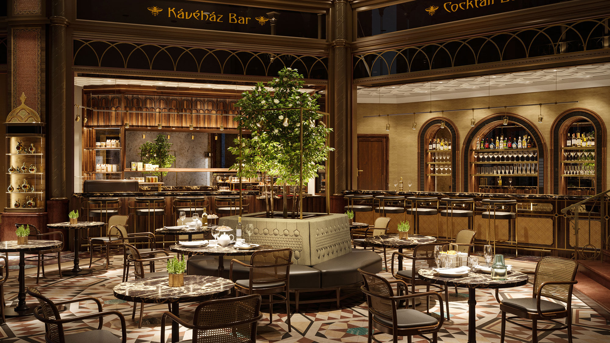 The lobby bar at the Parisi Udvarl Hotel Budapest.