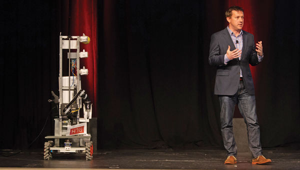 John Edwards, Red Lion Hotels Corp.'s chief information officer, unveiled the company's housekeeping robot at a conference late last year. John Edwards, Red Lion Hotels Corp.'s chief information officer, unveiled the company's housekeeping robot at a conference late last year.