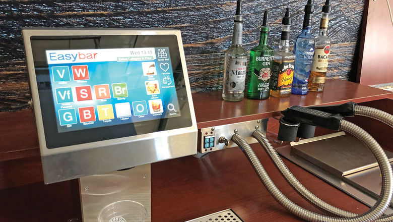 Easybar Beverage Management Systems' interface and dispenser. Servers input drink orders and cocktails are automatically prepared and poured.