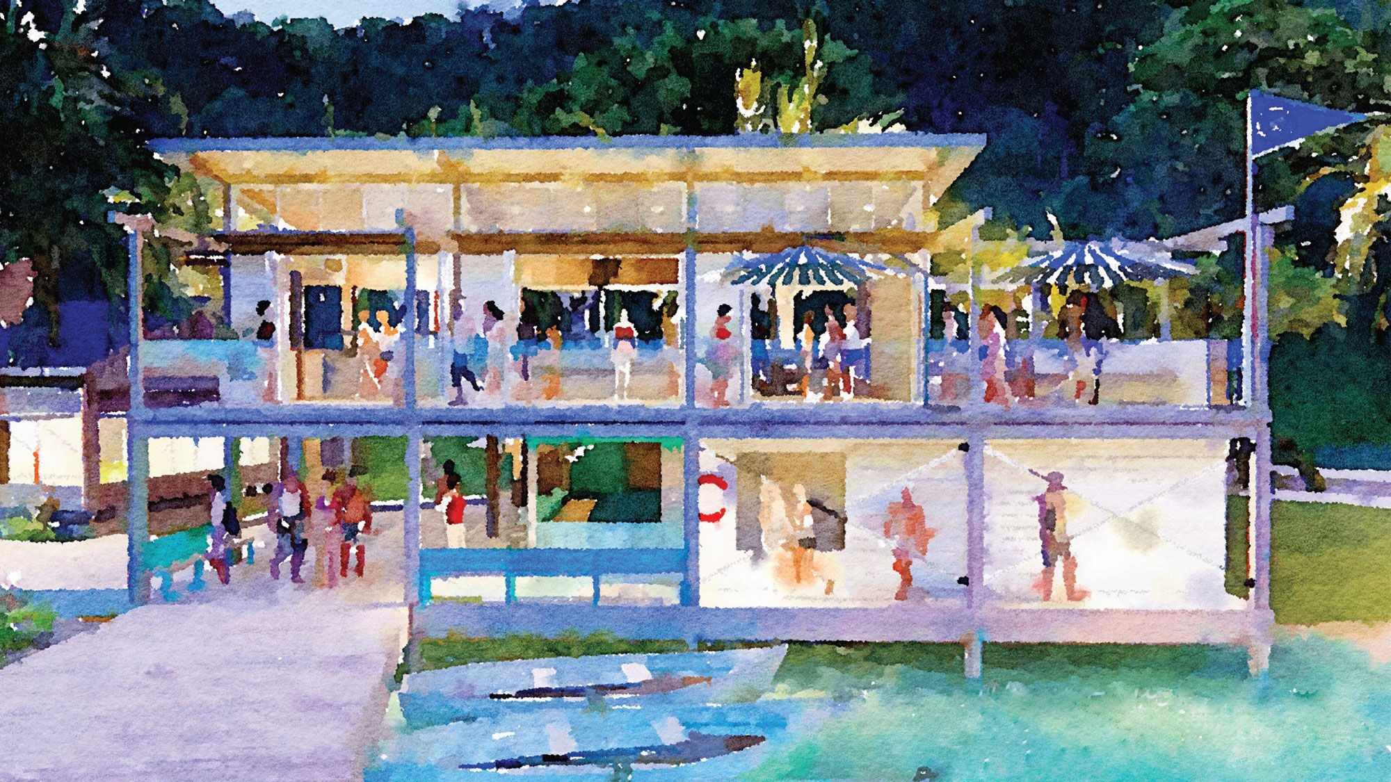 A watercolor rendering of the Quarterdeck building at the Bitter End Yacht Club on Nevis.