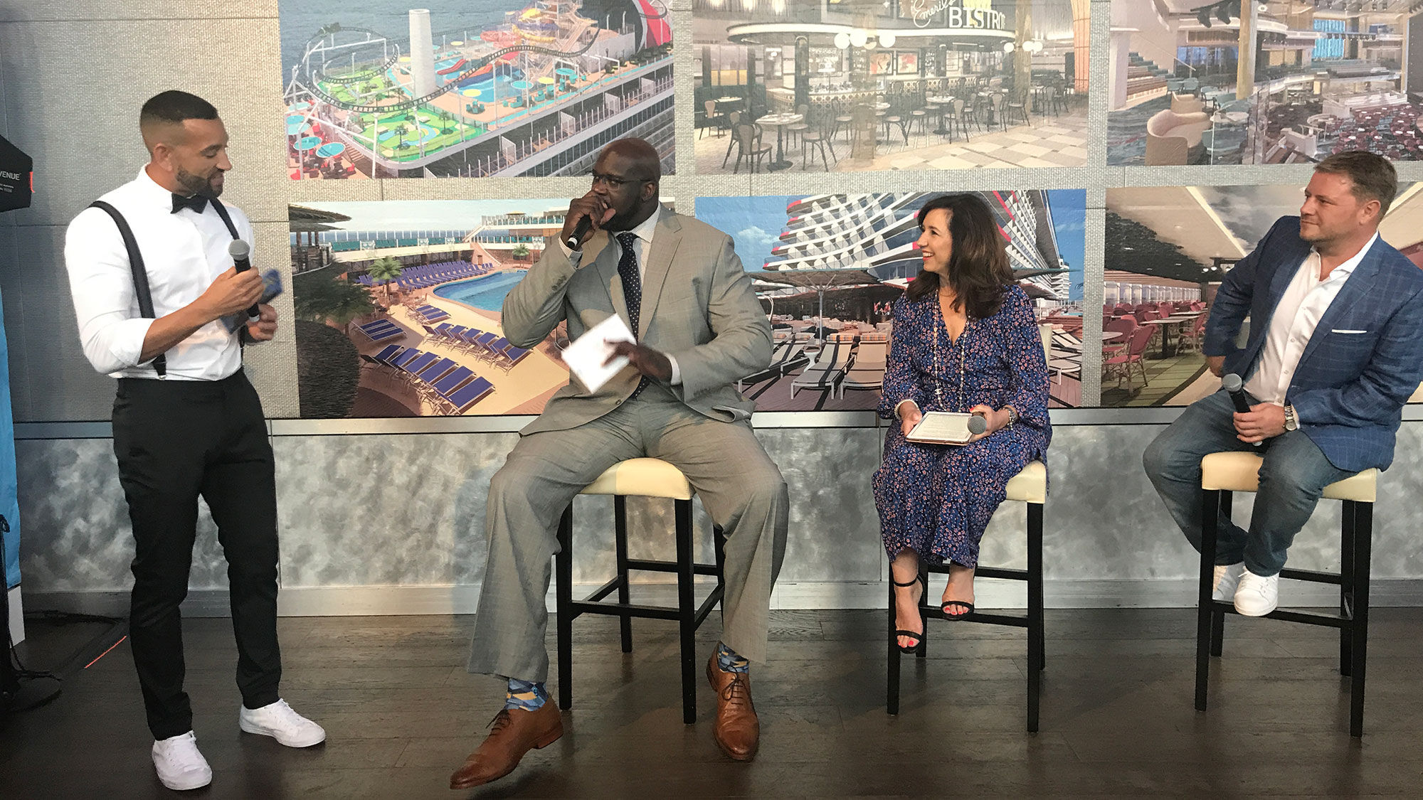 Carnival introduced new casual-dining concepts for the Mardi Gras ship at an event in New York. From left, Mardi Gras cruise director Matt Mitcham, Shaquille O'Neal, Carnival president Christine Duffy and Carnival vice president of beverage operations Edward Allen.