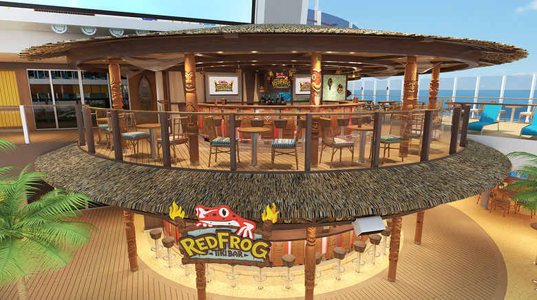 Carnival revealed several new casual eateries bound for its upcoming Mardi Gras ship, its biggest vessel to date. Here, a rendering of the two-deck RedFrog Tiki Bar, which will replace the RedFrog Rum Bar.