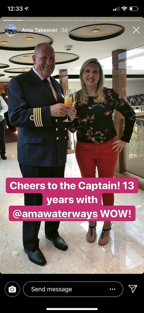 One of Vanessa McGovern’s posts on AmaWaterways’ Instagram story last week, featuring herself and the AmaMagna’s captain, Jan de Bruijn. One of Vanessa McGovern’s posts on AmaWaterways’ Instagram story last week, featuring herself and the AmaMagna’s captain, Jan de Bruijn.