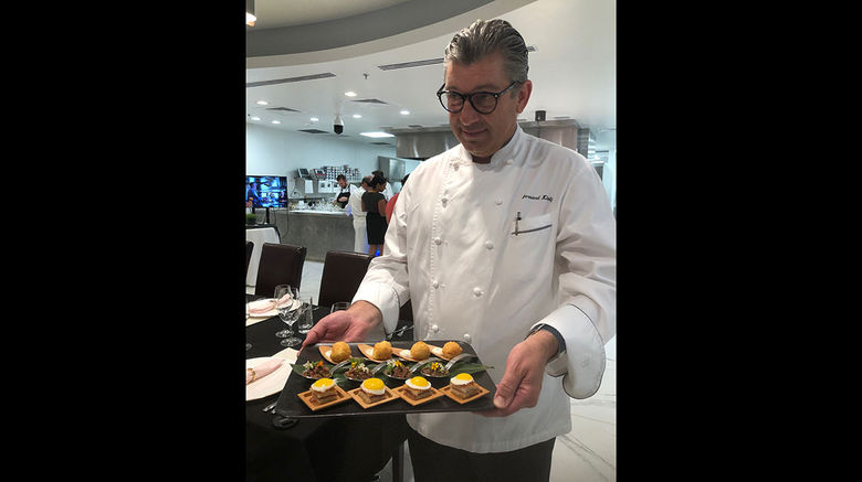 Regent Seven Seas Cruises held a culinary preview at the Eric Barale Culinary Center, part of the Miami headquarters of Apollo Group, which has long provided food and beverage services to Regent and Oceania Cruises. The event showcased some of the new menu items that will be appearing on the Seven Seas Splendor, which is scheduled to be delivered in February 2020. Regent senior culinary director Bernhard Klotz chose dishes that will be served in a number of the ship's restaurants, including the Compass Rose, Prime 7, Chartreuse and Pacific Rim.