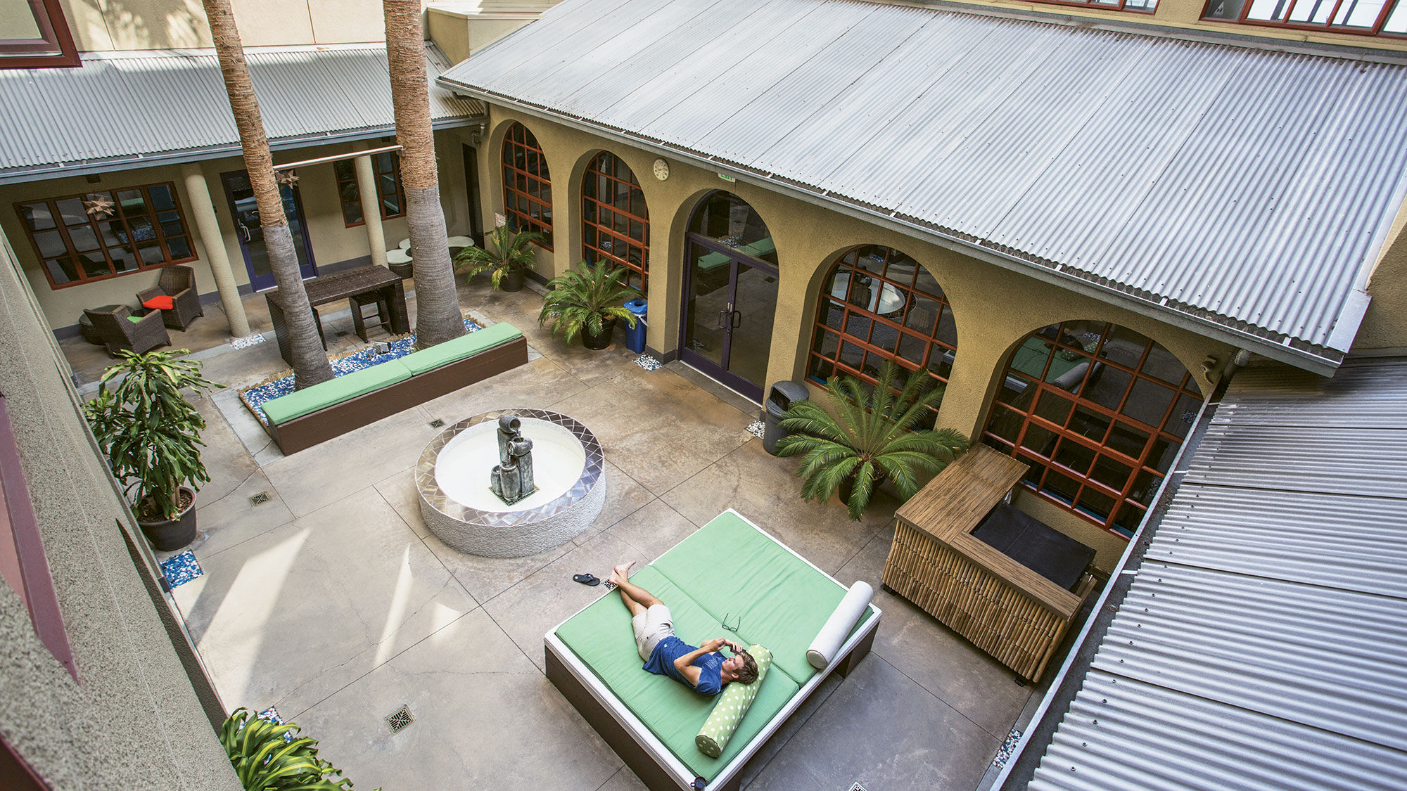 The courtyard at the HI Los Angeles Santa Monica Hostel, which is part of the Hostelling International network and provides lower-cost accommodations on the California coast.