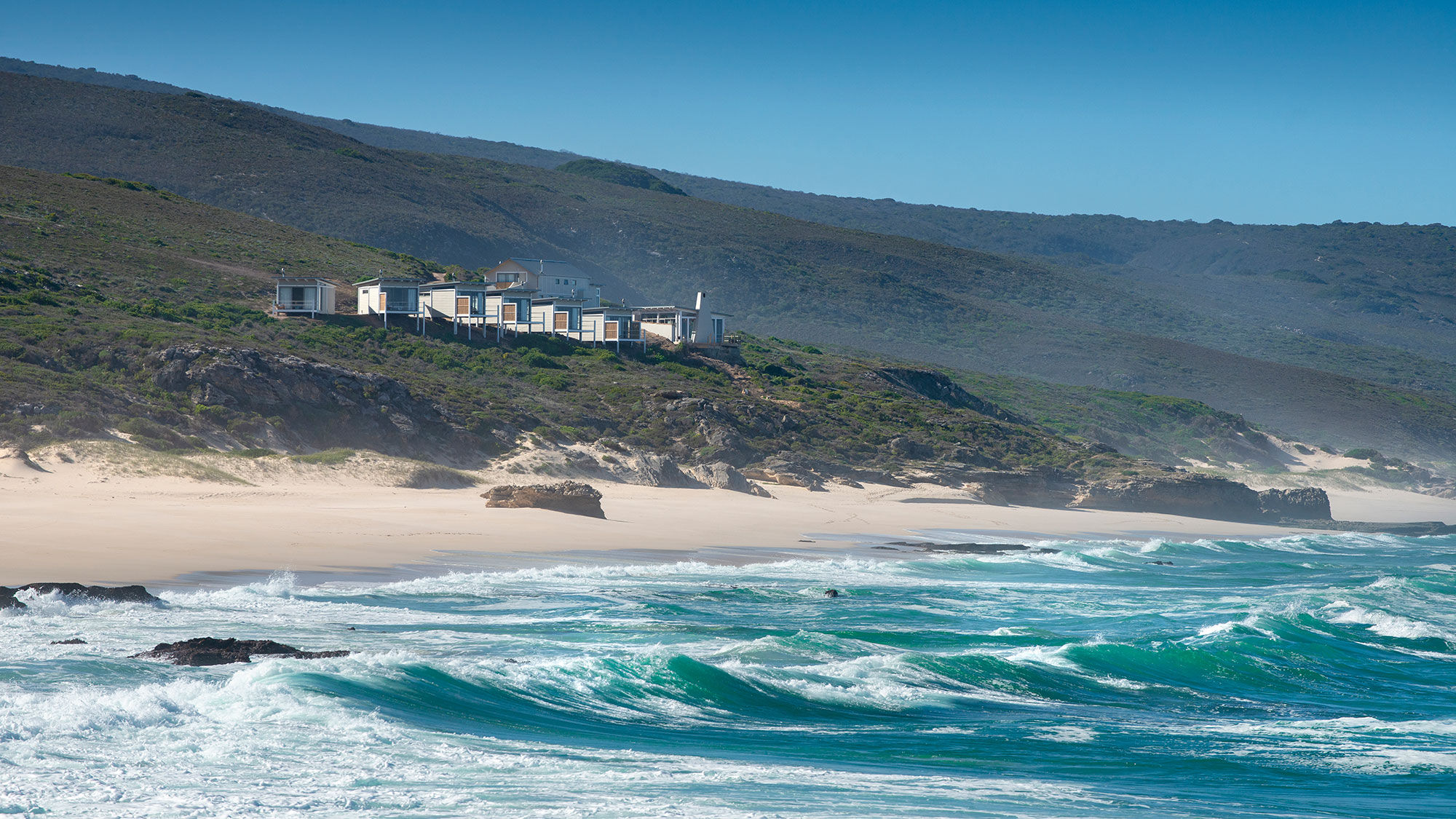 Lekkerwater Beach Lodge is situated on a cliff overlooking the water in the De Hoop Reserve, east of Cape Town in South Africa.