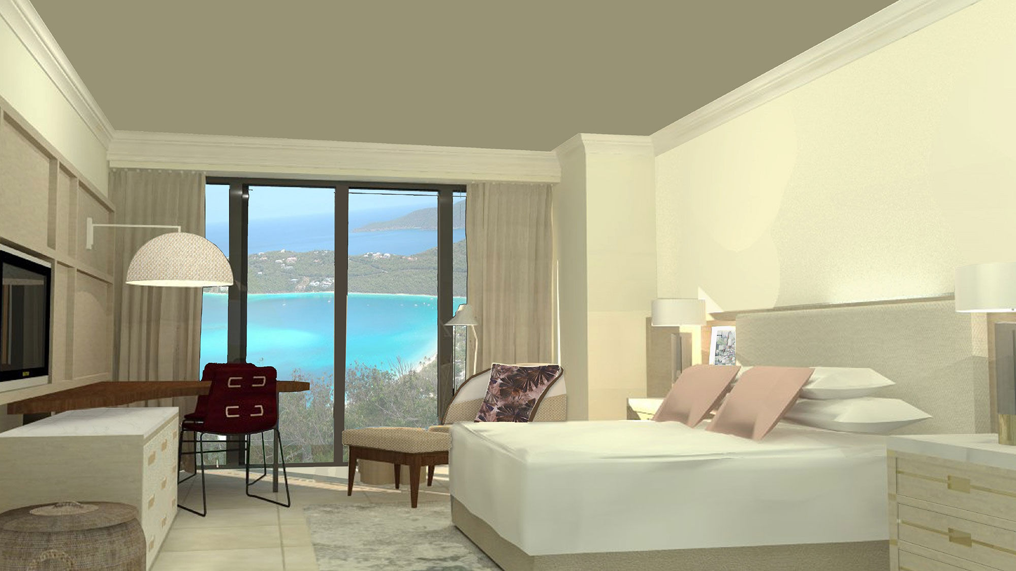 A rendering of a guest room at the Ritz-Carlton, St. Thomas.