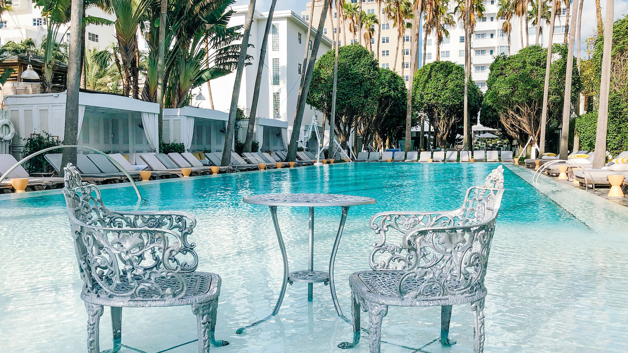 Poolside at the classic Delano South Beach hotel.