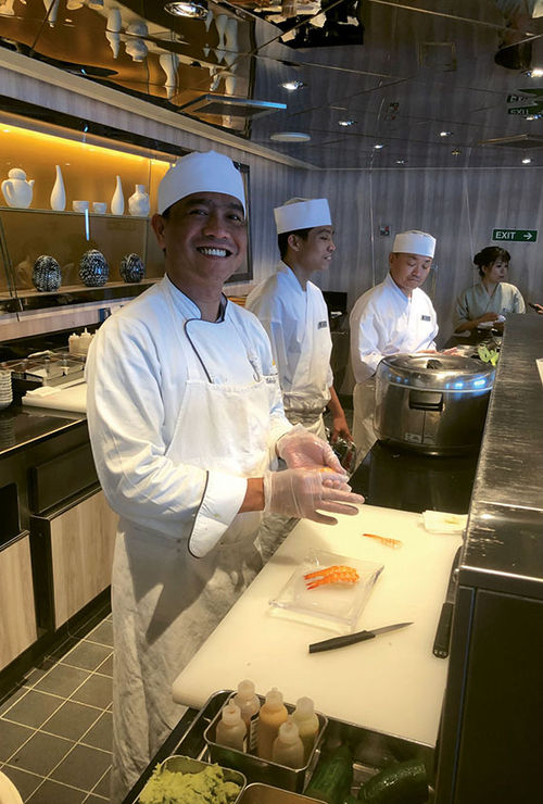 A chef preparing items in Sushi, one of the alternative dining restaurants on the Seabourn Ovation. A chef preparing items in Sushi, one of the alternative dining restaurants on the Seabourn Ovation.