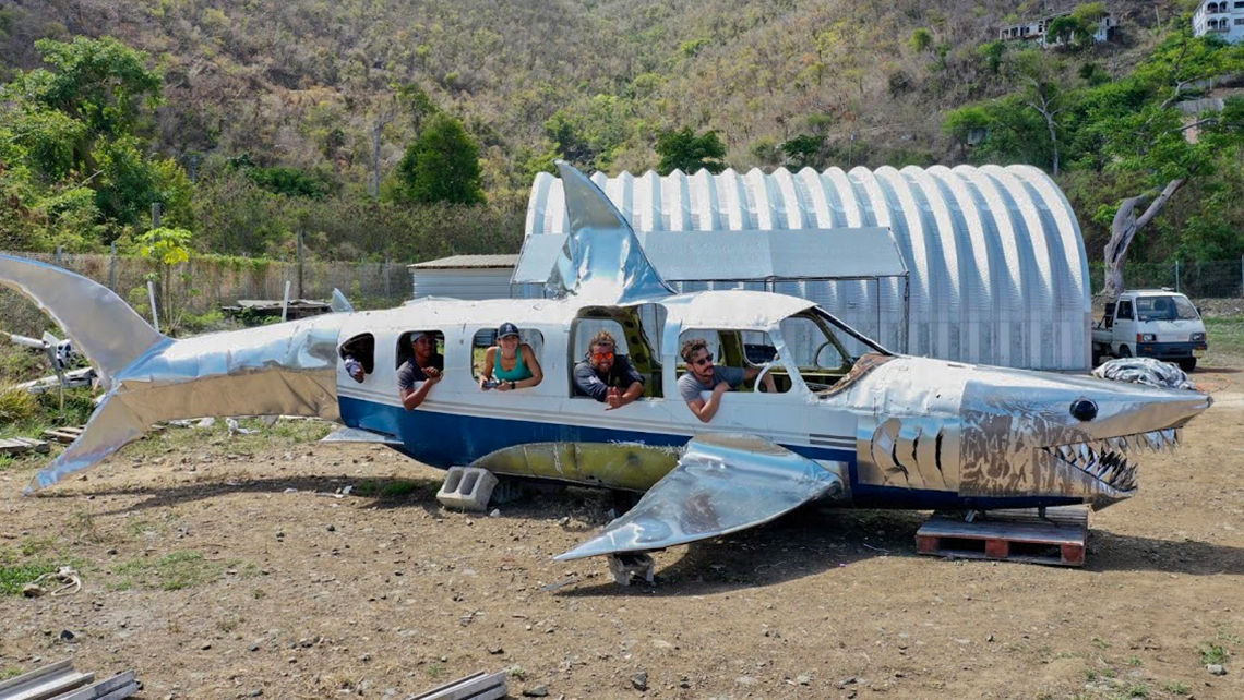 An airplane, remade into a shark, waiting to be sunk into the waters off Virgin Gorda, British Virgin Islands, and will be used as the basis for a new reef system.