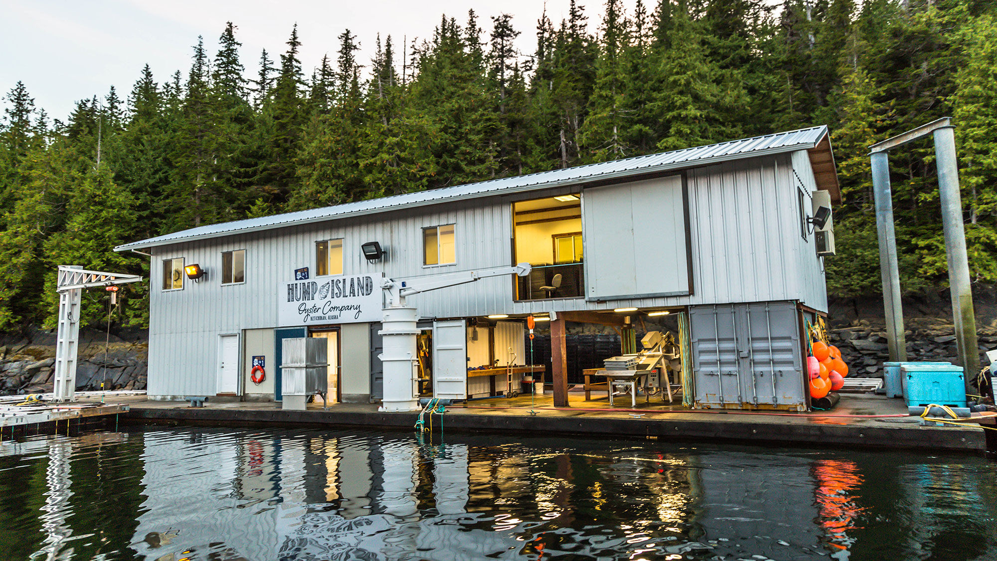 A new Bonfire Bay tour travels through North Tongass waterways toward Hump Island Oyster Farm, a floating facility near Ketchikan.