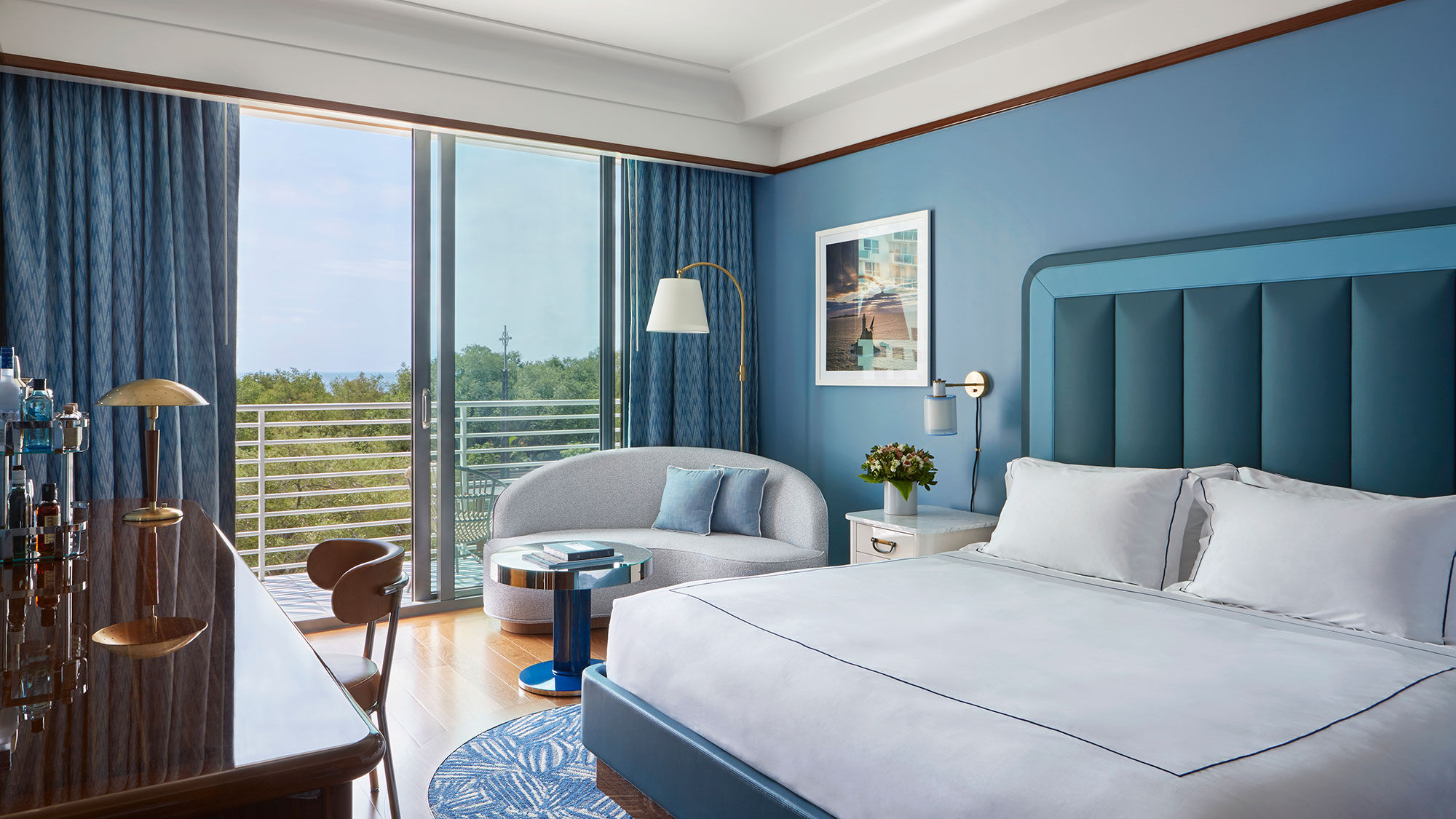 A king room at the new Mr. C Coconut Grove with a view of Biscayne Bay.