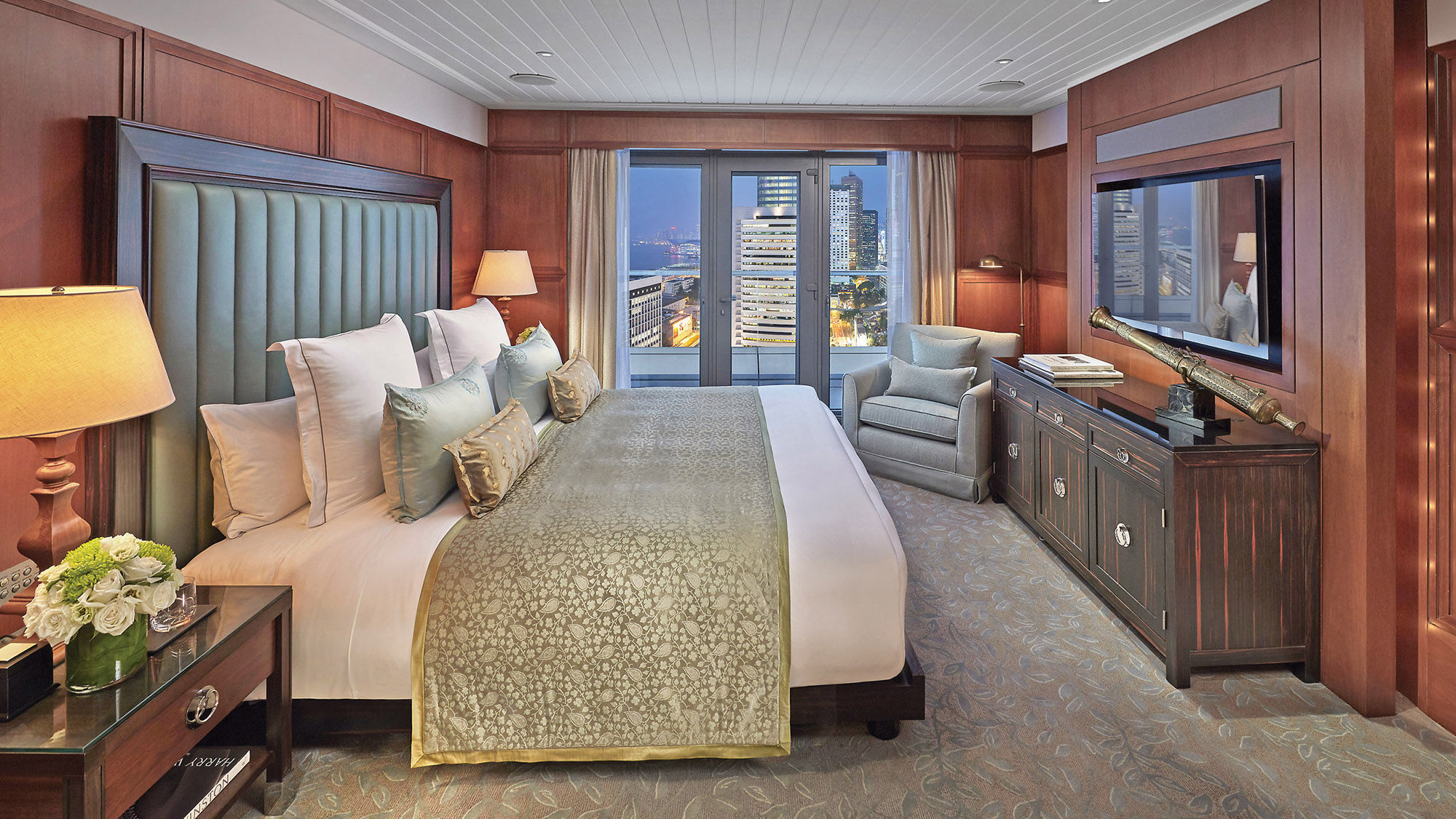The bedroom of the Tamar Suite, one of six suites at the Mandarin Oriental Hong Kong.