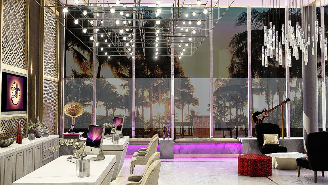 A rendering of the Adults Scene check-in area at the new Planet Hollywood Beach Resort Cancun.