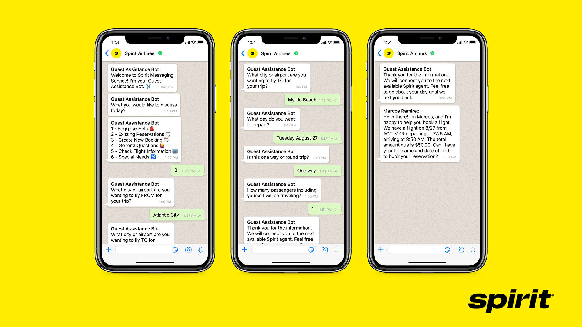 Examples of screen grabs from a WhatsApp-Spirit conversation.