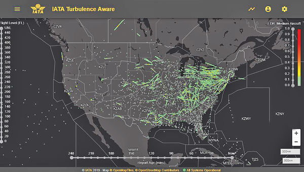 IATA's Turbulence Aware Viewer displays real-time turbulence reports up to 4 hours old. Each report is a small dot on the viewer, which are color-coded for intensity. The scale goes from gray (no turbulence) to red (severe turbulence). IATA's Turbulence Aware Viewer displays real-time turbulence reports up to 4 hours old. Each report is a small dot on the viewer, which are color-coded for intensity. The scale goes from gray (no turbulence) to red (severe turbulence).